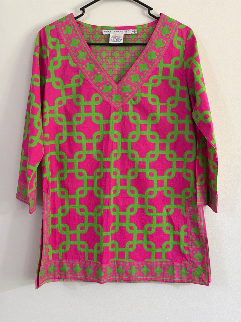 Gretchen Scott Small Cotton V Neck Tunic Top Pink Green Geometric Chain Link